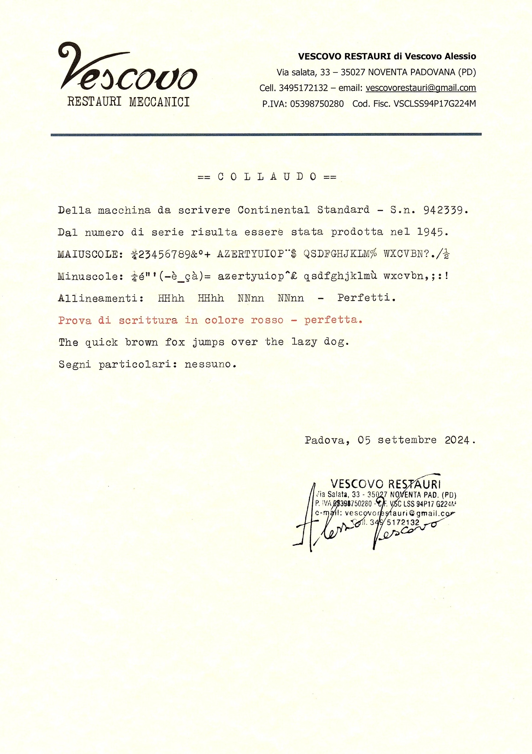 Certificato di collaudo della Continental Standard