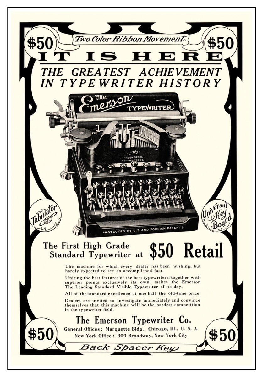 Pubblicità Emerson Typewriter No. 3 del 1909