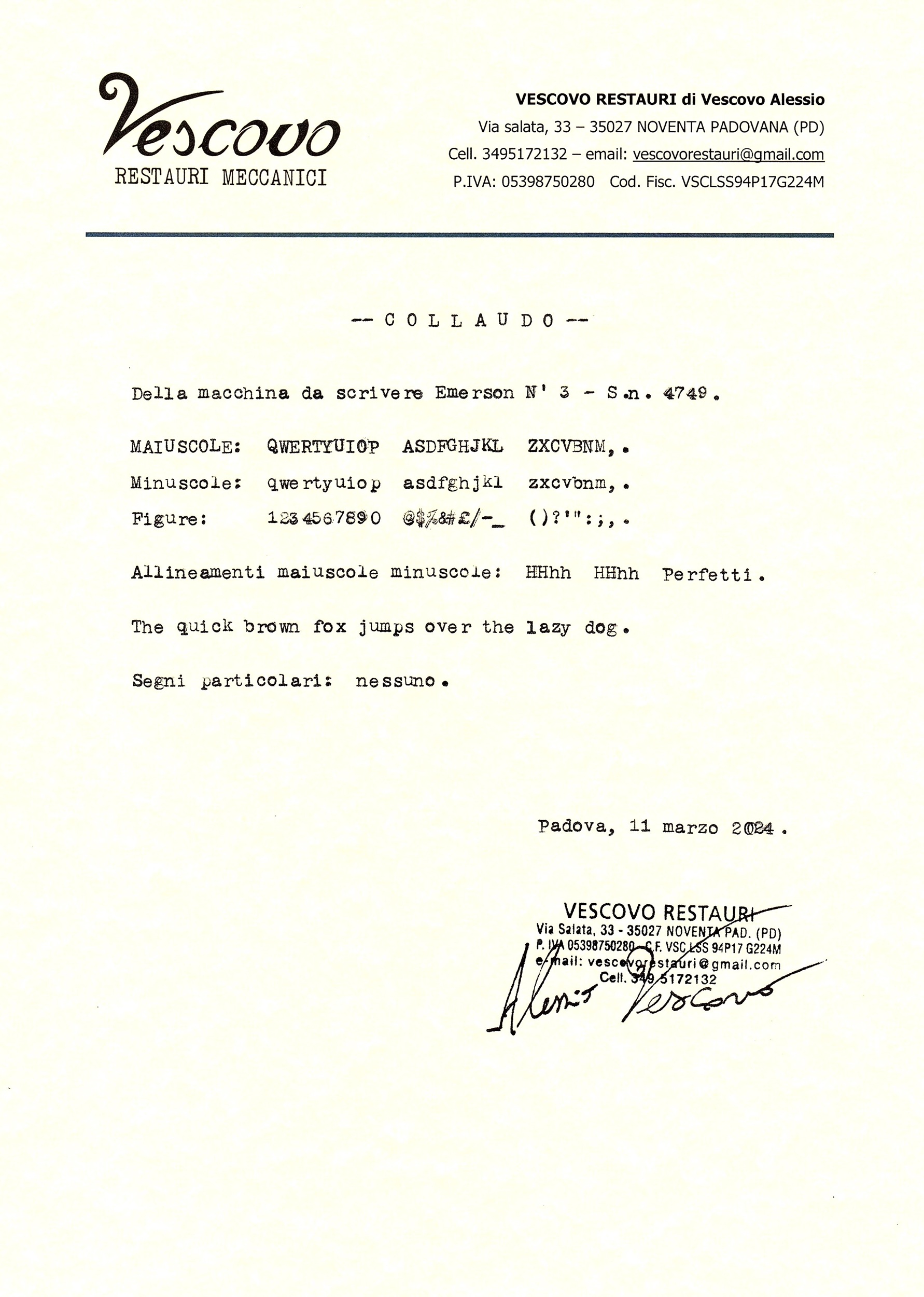 Certificato di collaudo della Emerson 3