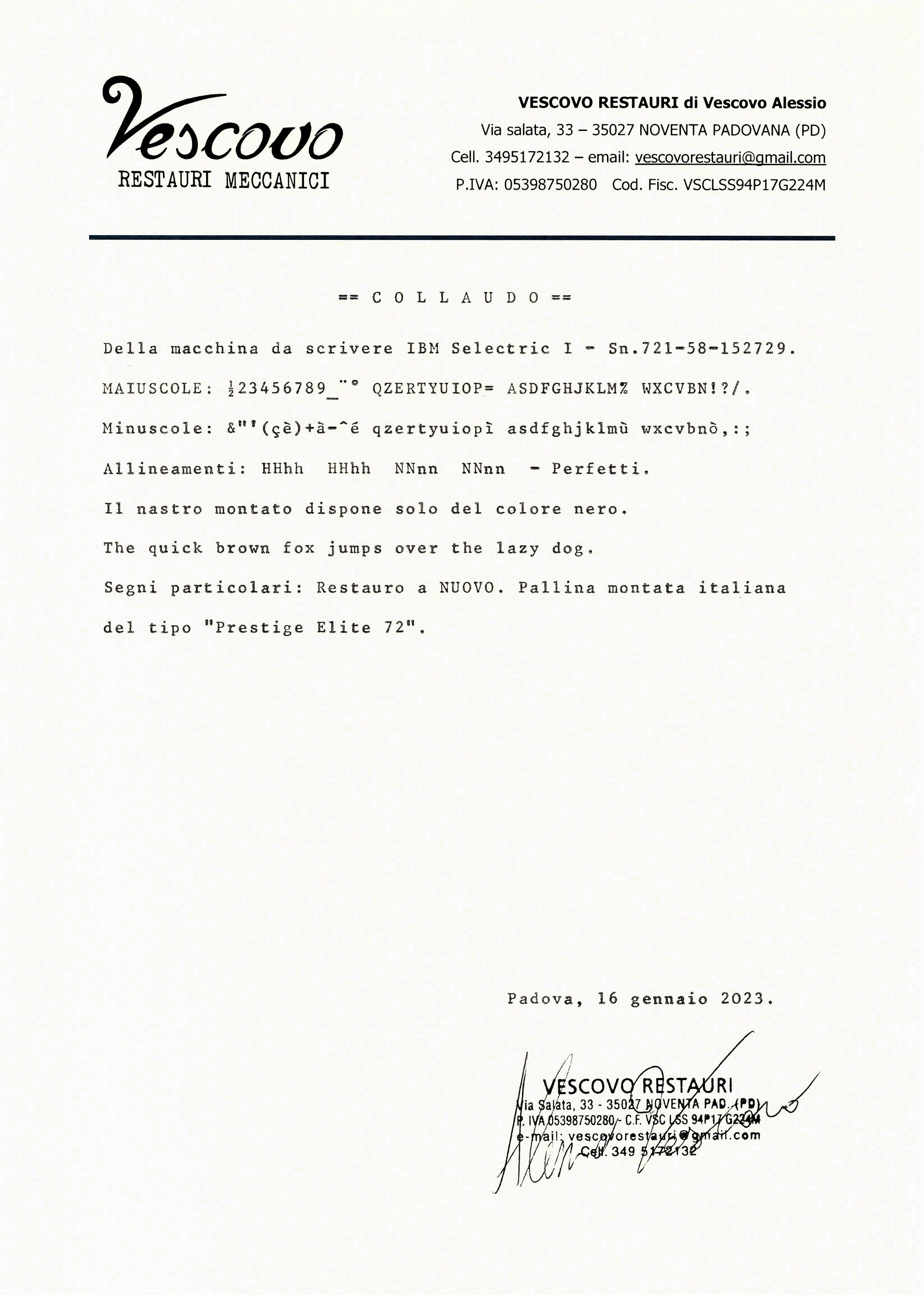 Certificato di collaudo della IBM Selectric 1