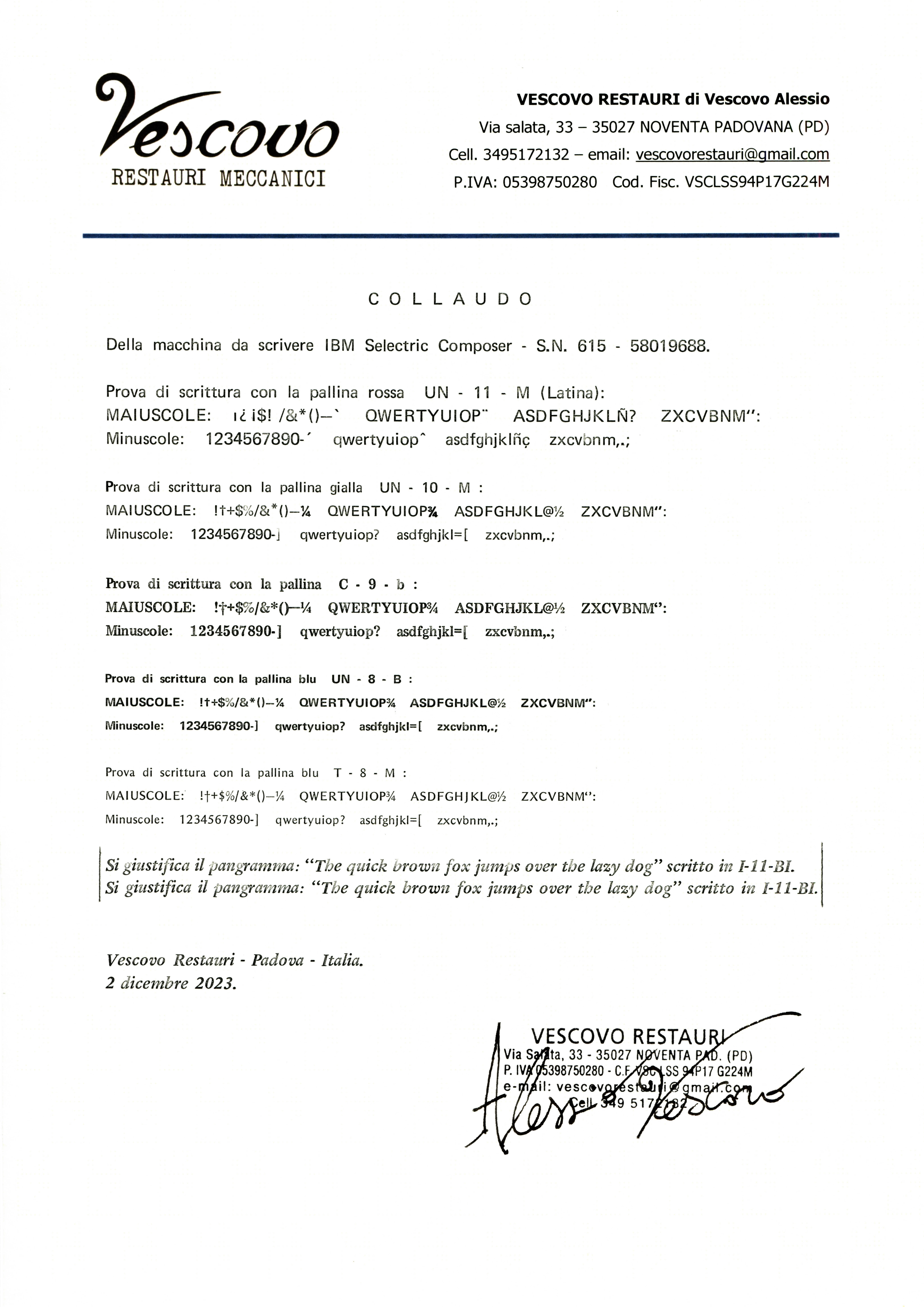 Certificato di collaudo della IBM Selectric Composer