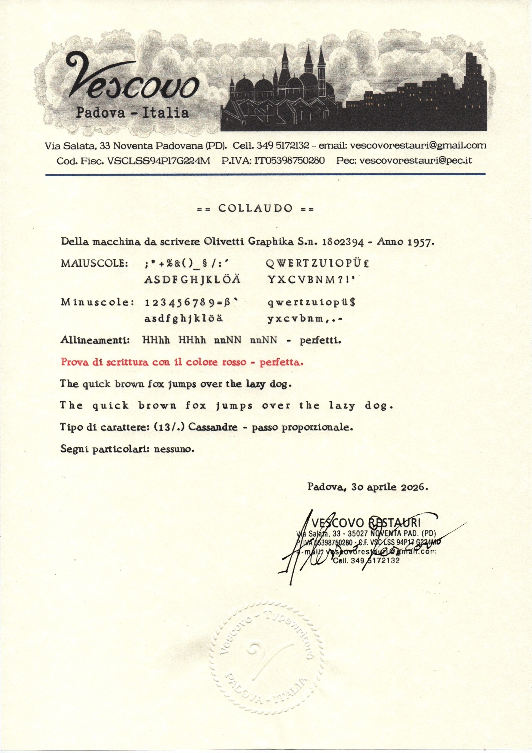 Certificato di collaudo della Olivetti Graphika