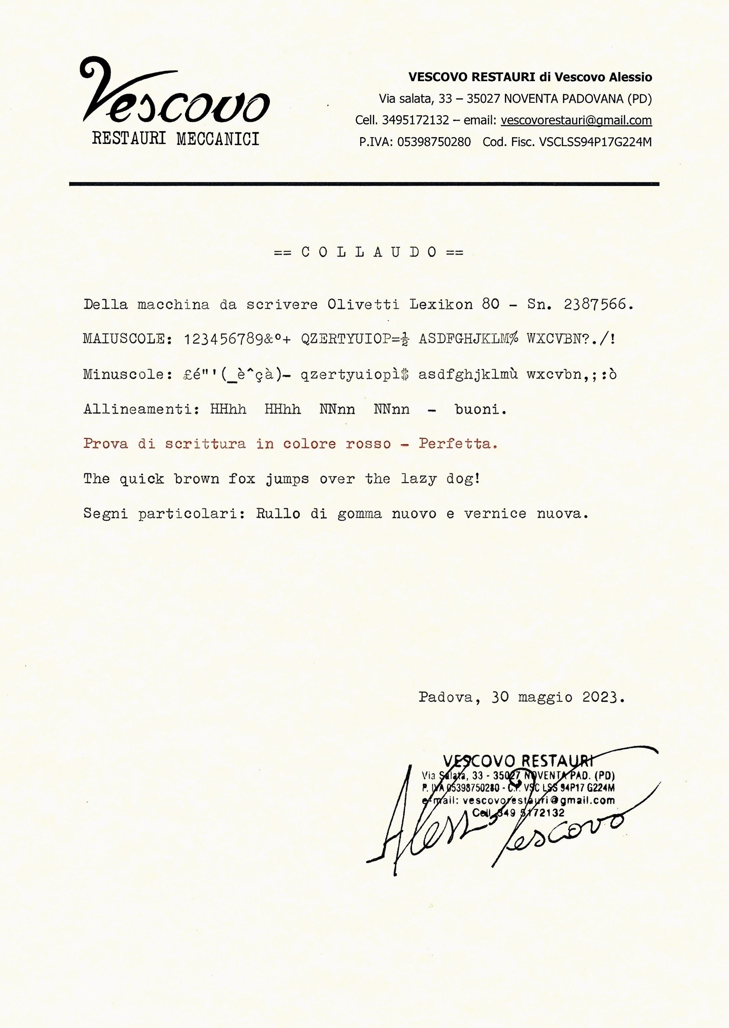 Certificato di collaudo della Olivetti Lexikon 80