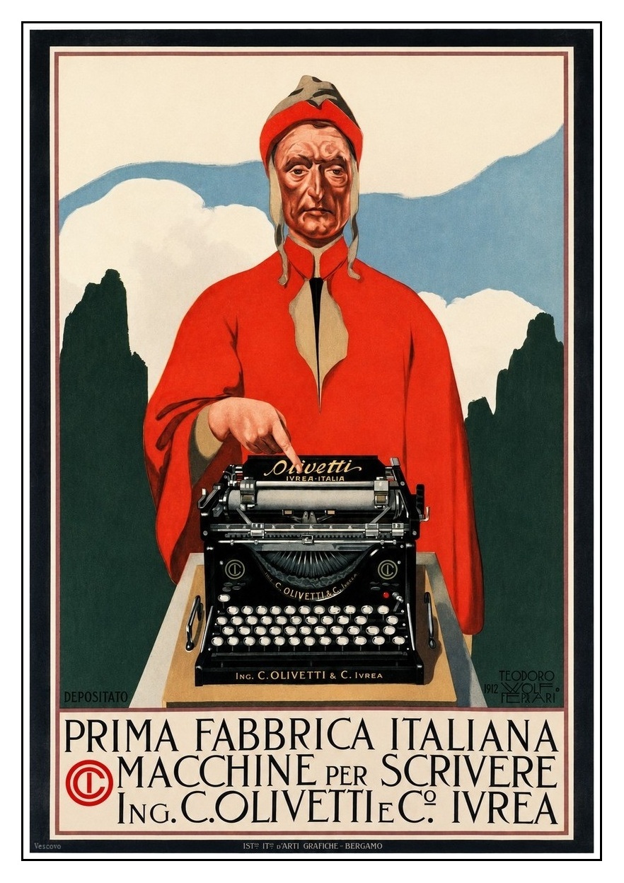 Pubblicità a colori della macchina per scrivere Olivetti M1 del 1912