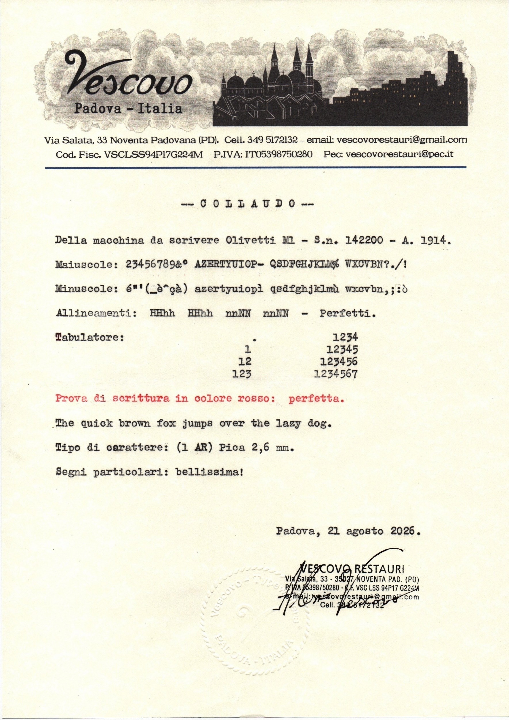 Certificato di collaudo della Olivetti M1