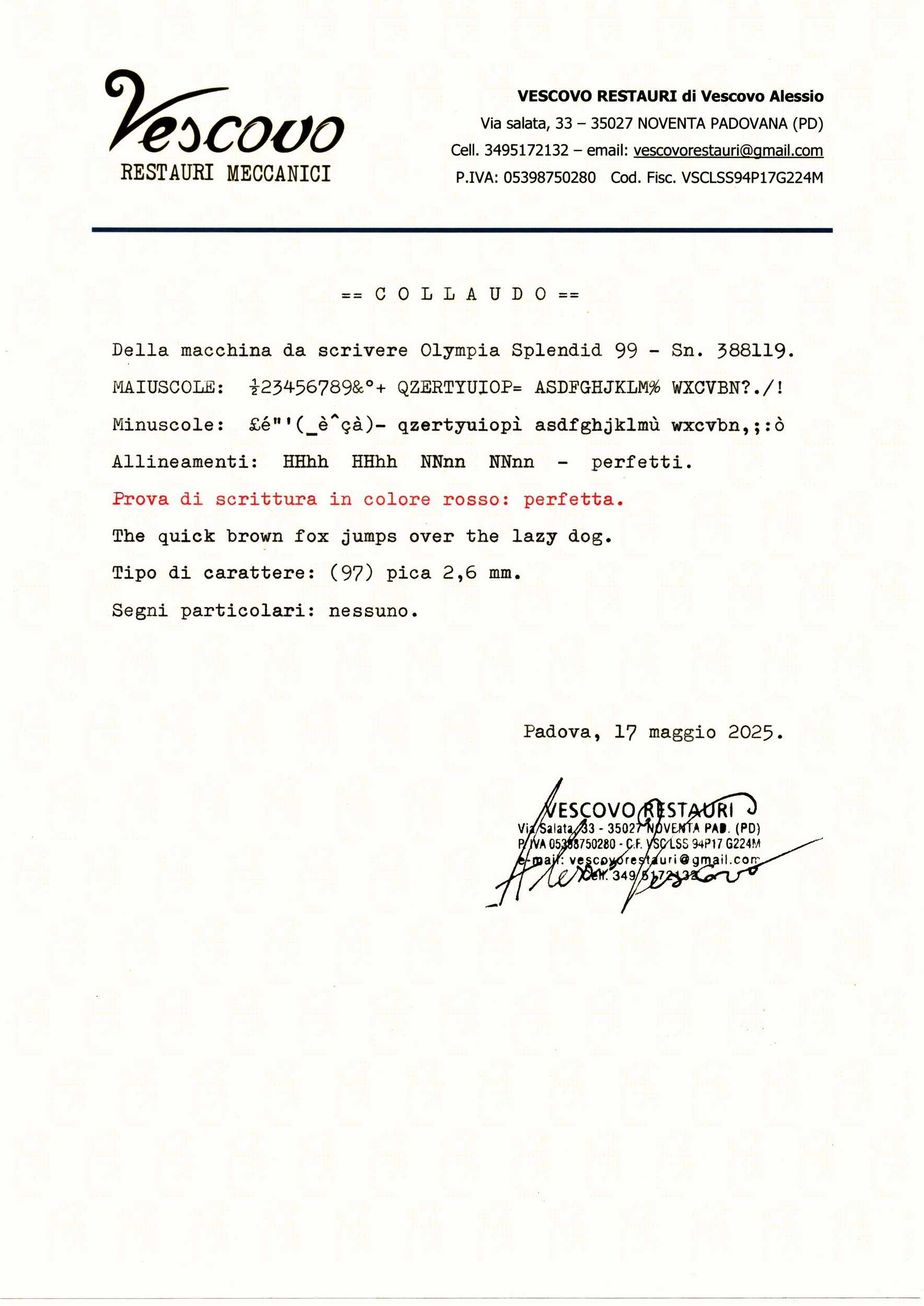 Certificato di collaudo della Olympia Splendid