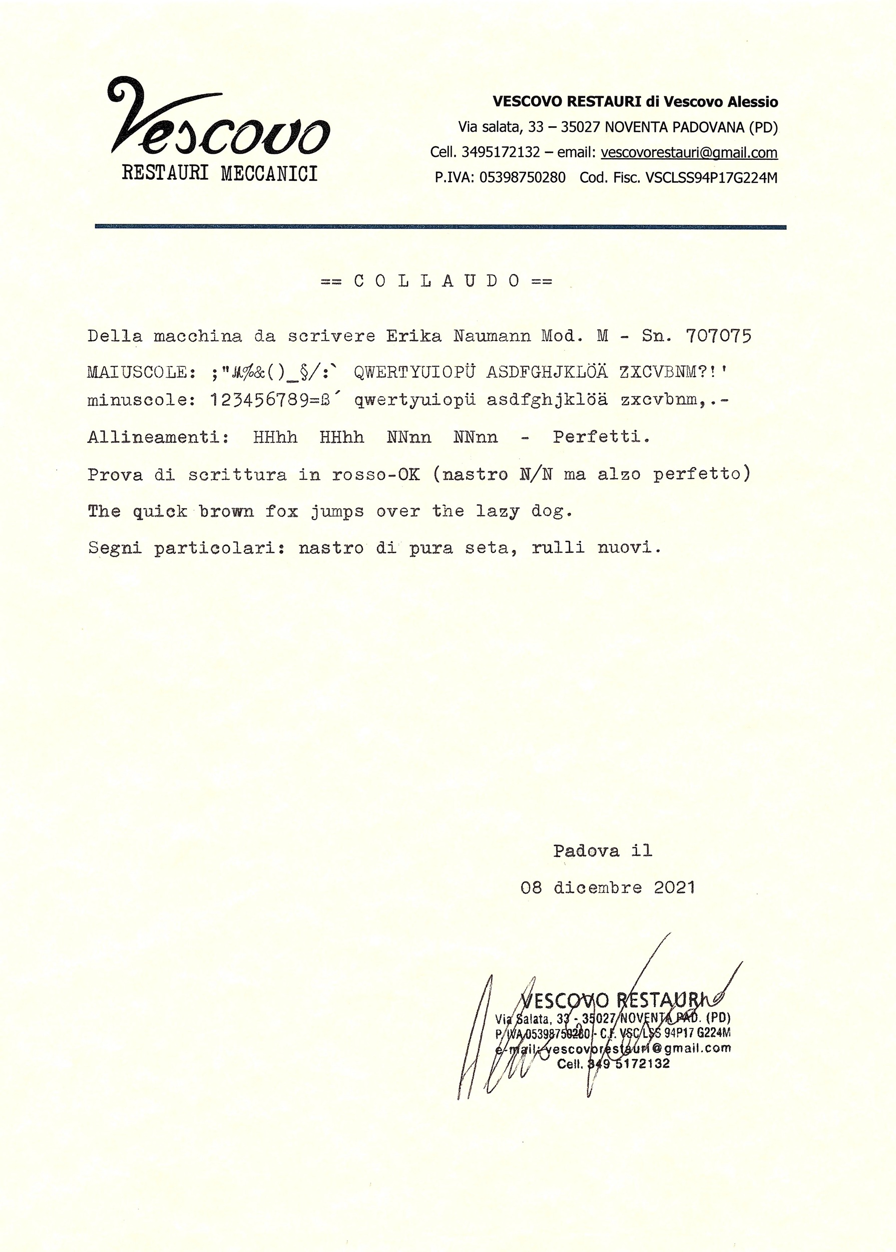 Certificato di collaudo della Erika Mod. M