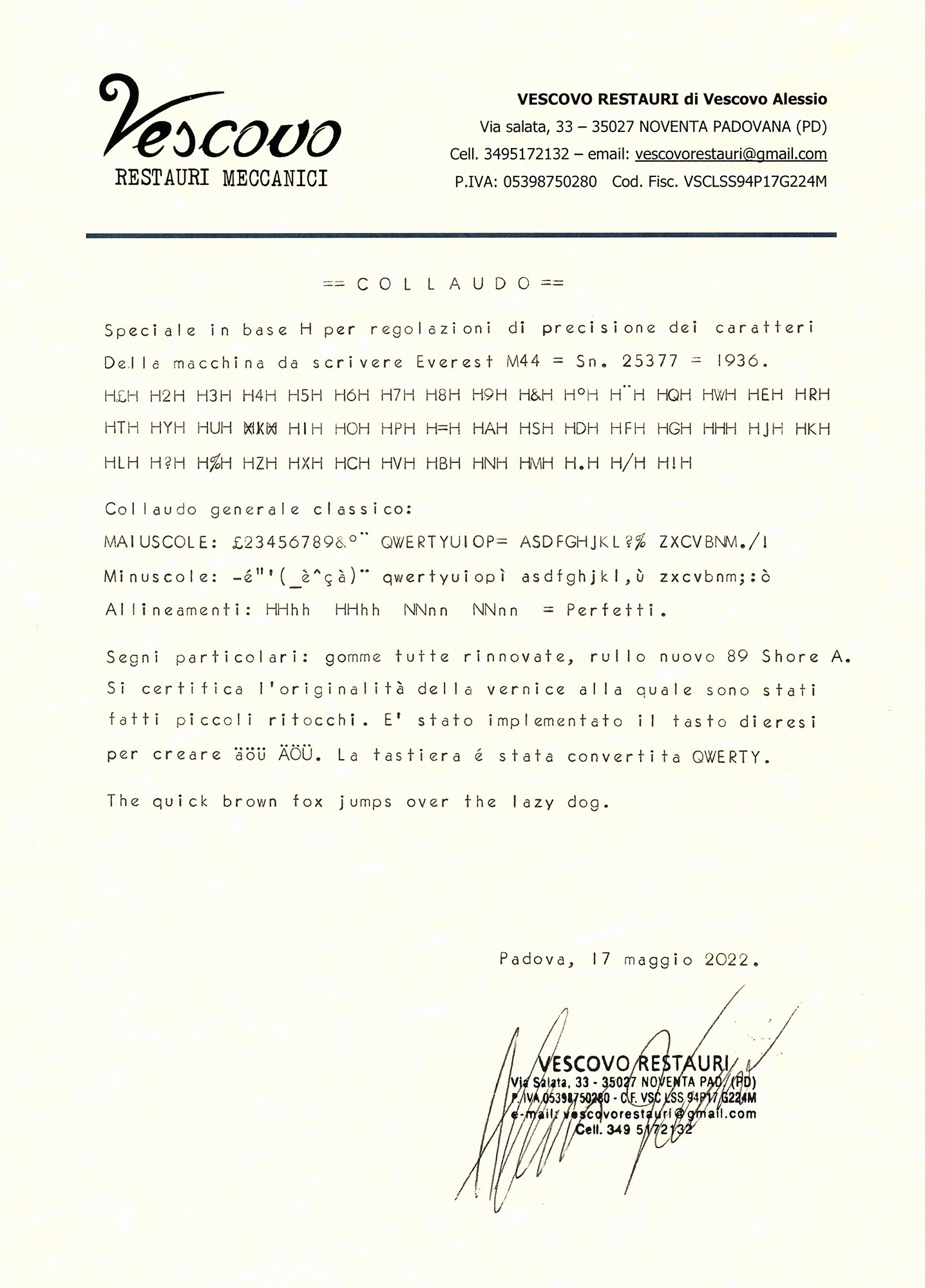 Certificato di collaudo della Everest Mod. 44