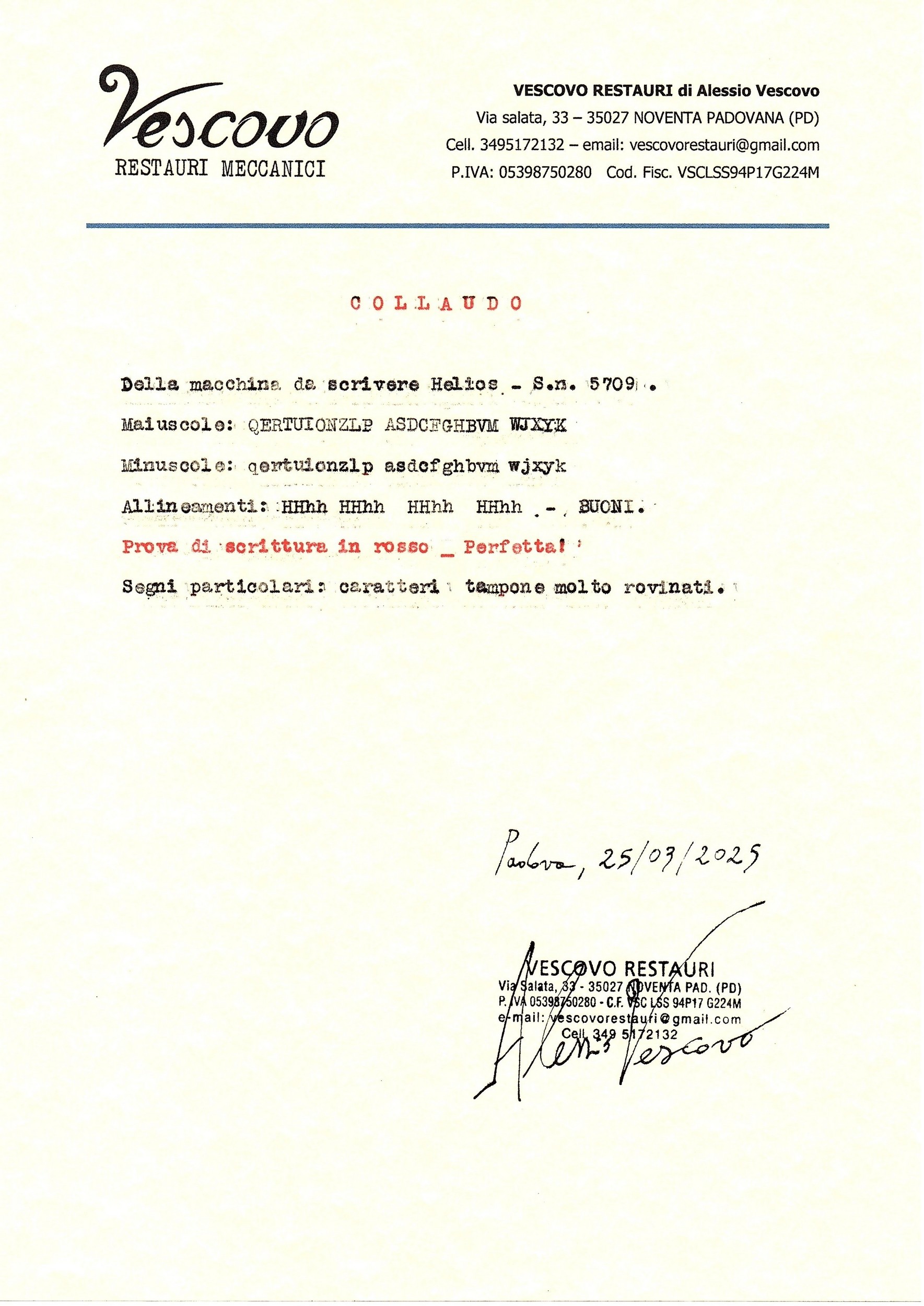 Certificato di collaudo della Helios