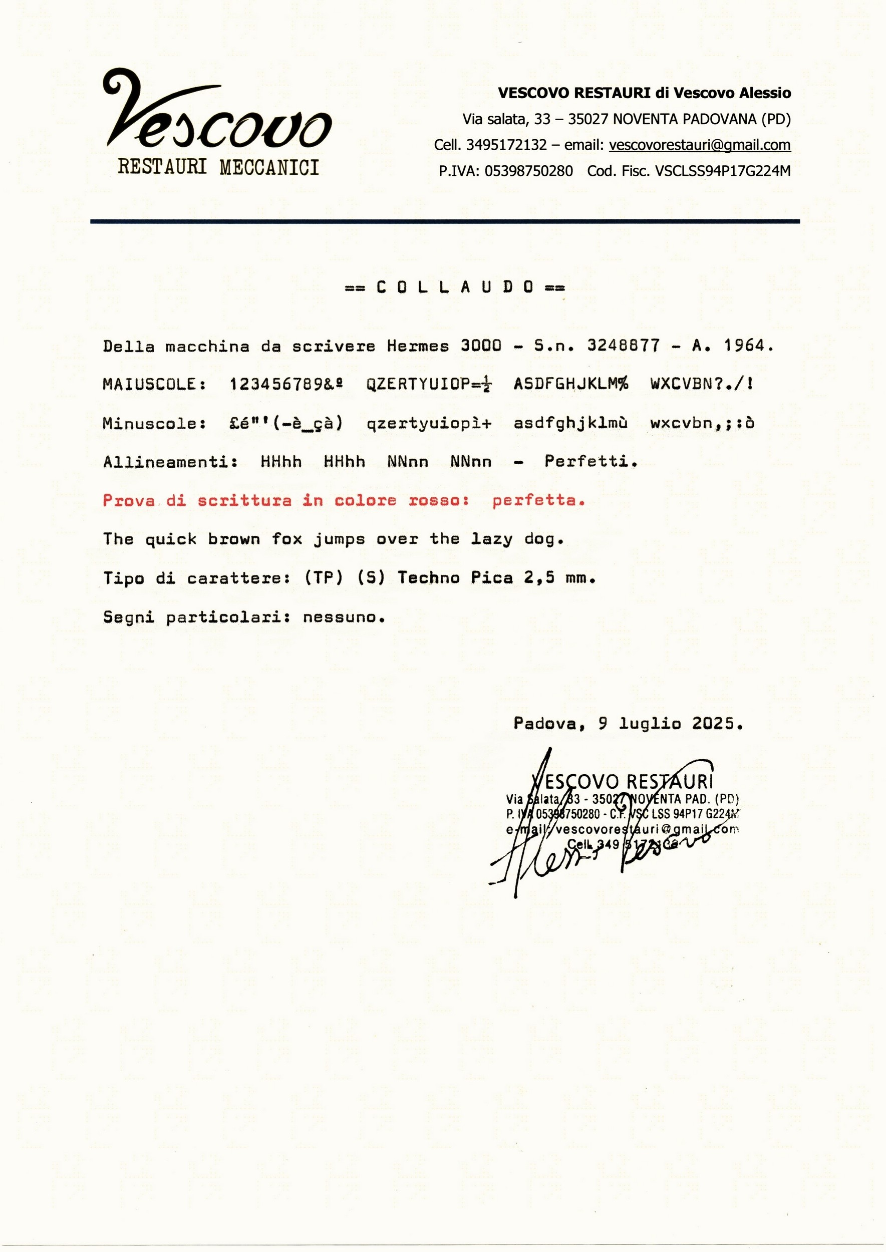 Certificato di collaudo della Hermes 3000