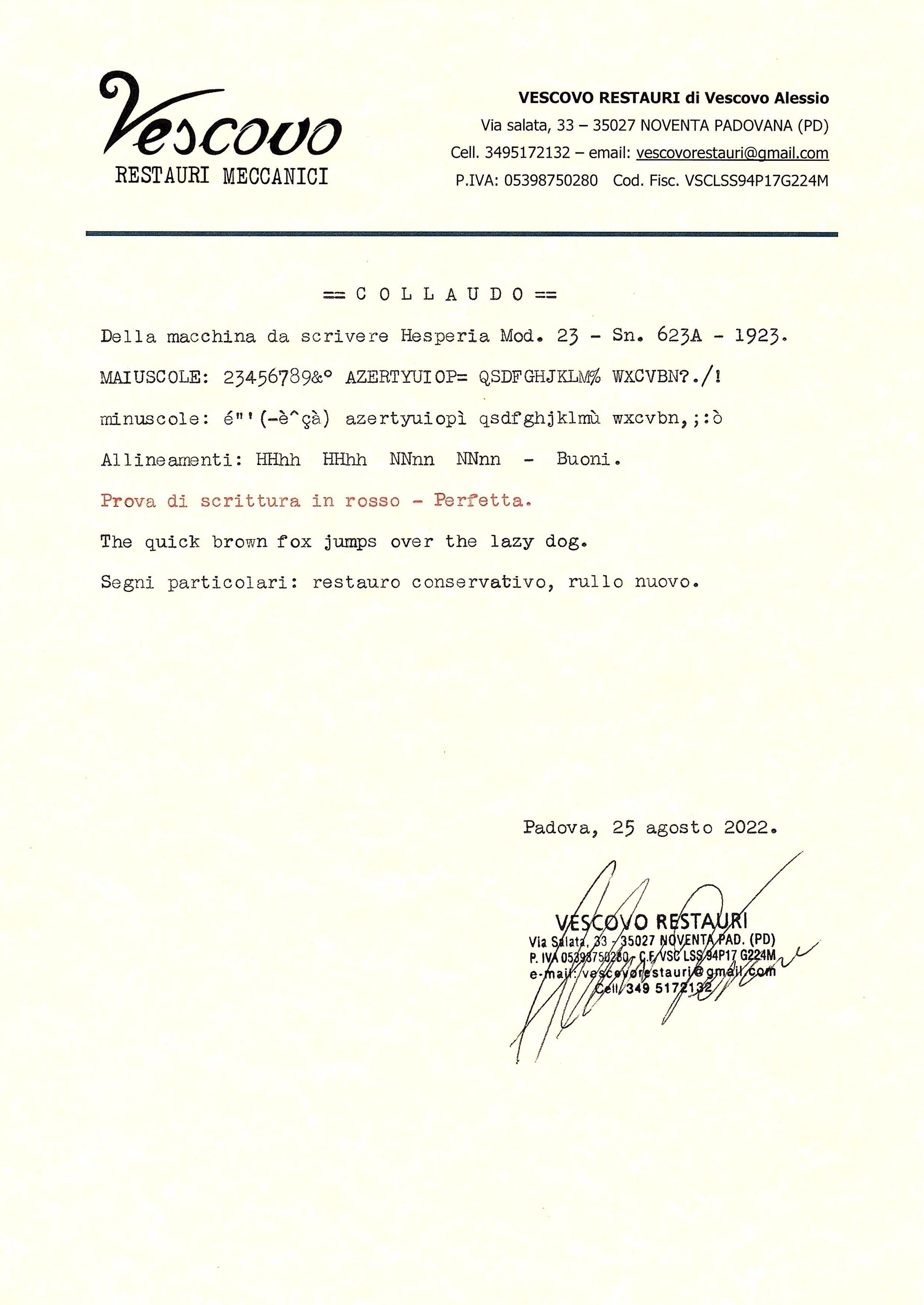 Certificato di collaudo della Hesperia