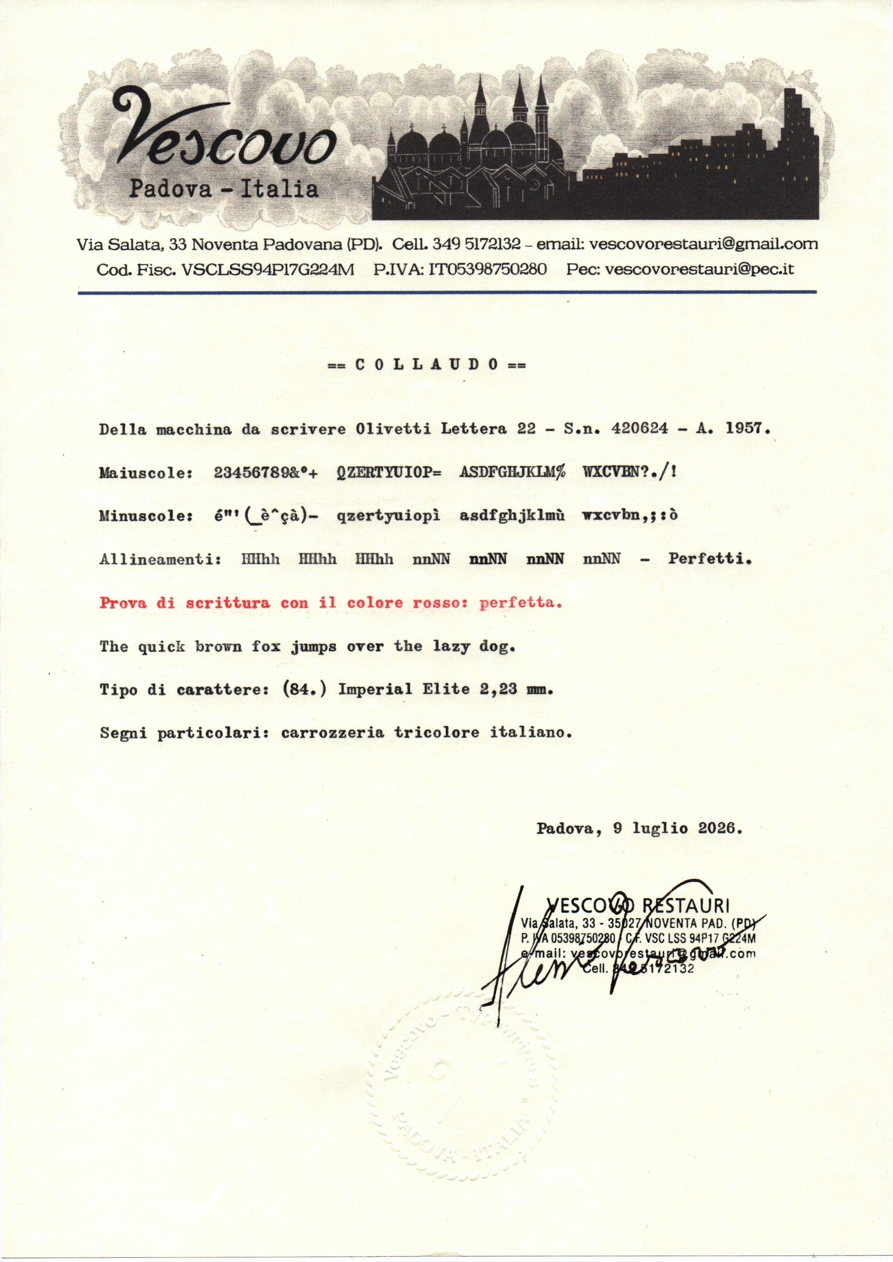 Certificato di collaudo della Olivetti Lettera 22