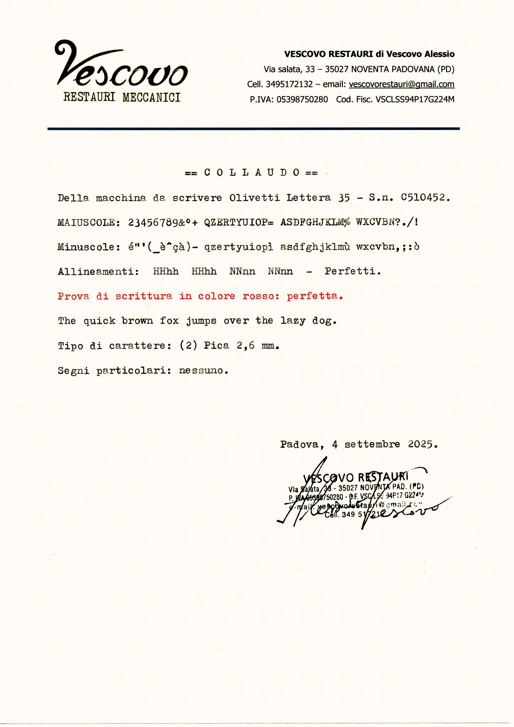Certificato di collaudo della Olivetti Lettera 35