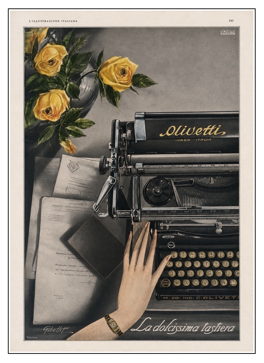Pubblicità a colori della macchina per scrivere Olivetti M20 degli anni Venti