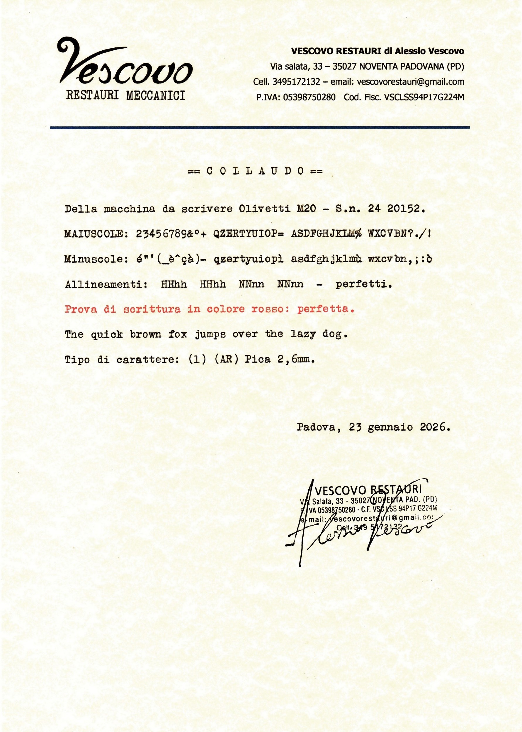 Certificato di collaudo della Olivetti M20
