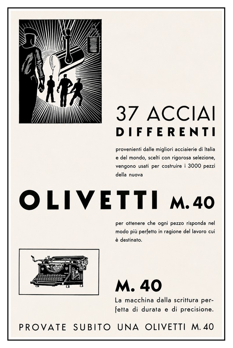 Pubblicità in bianco e nero della macchina per scrivere Olivetti M40 degli anni Trenta