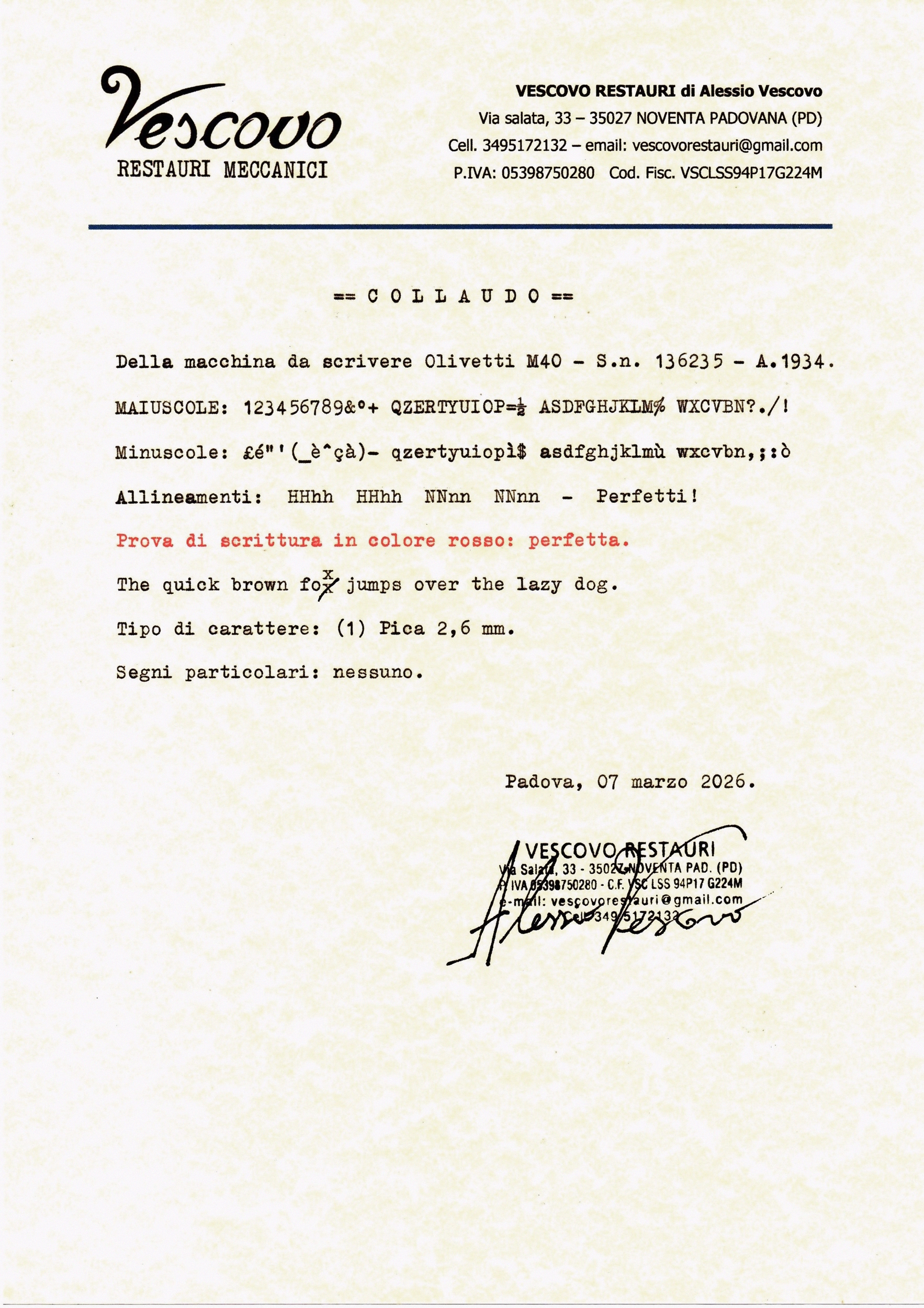 Certificato di collaudo della Olivetti M40