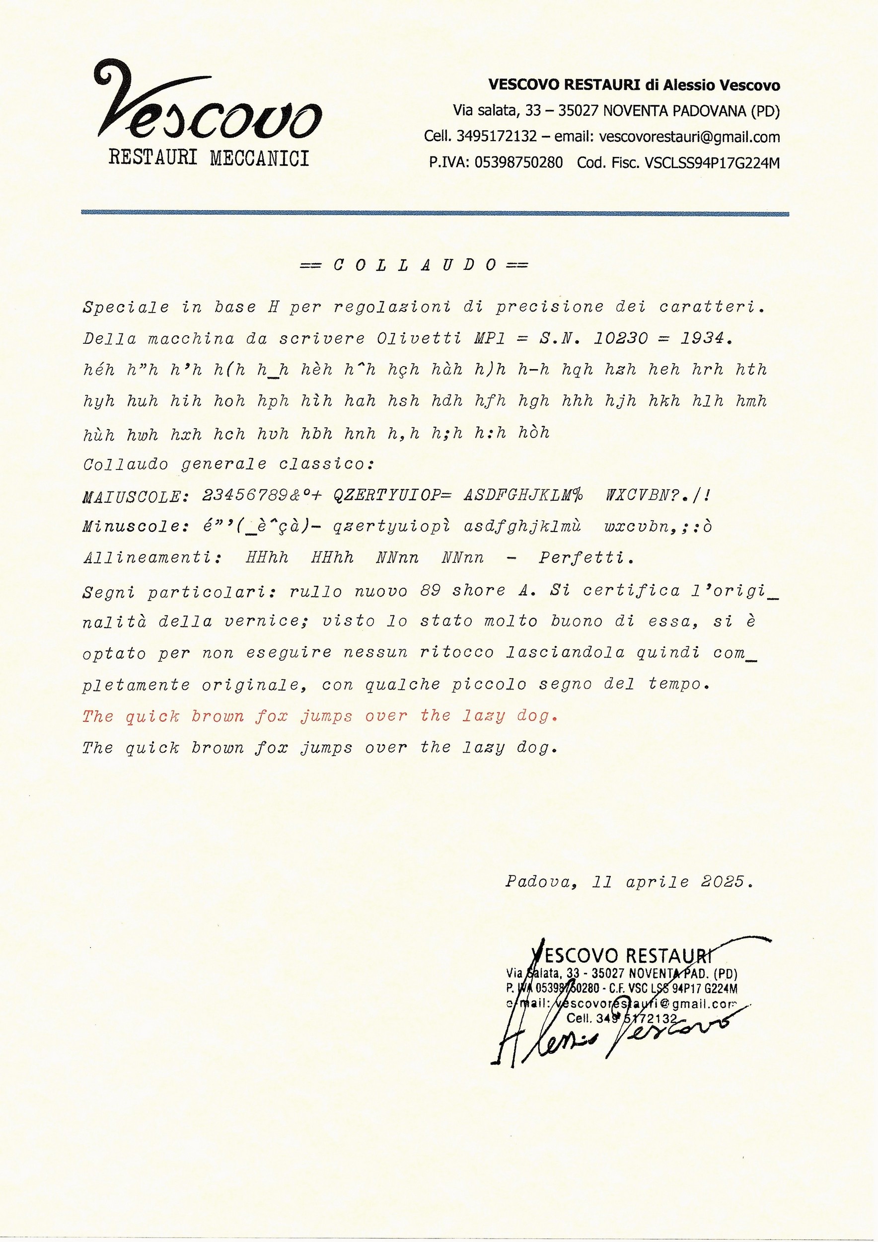 Certificato di collaudo della Olivetti MP1 con carattere Italico