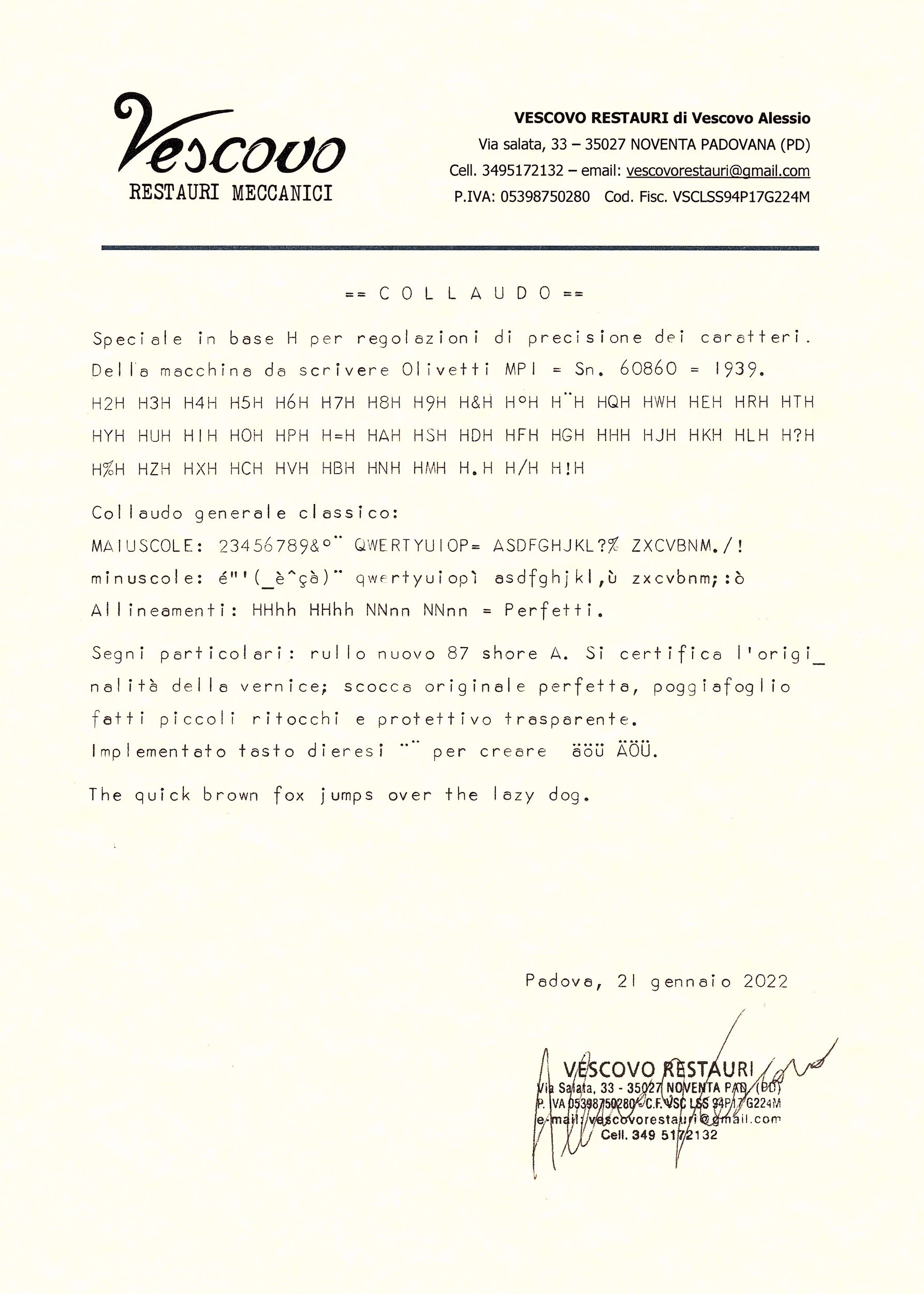 Certificato di collaudo della Olivetti MP1 con carattere Simplicitas