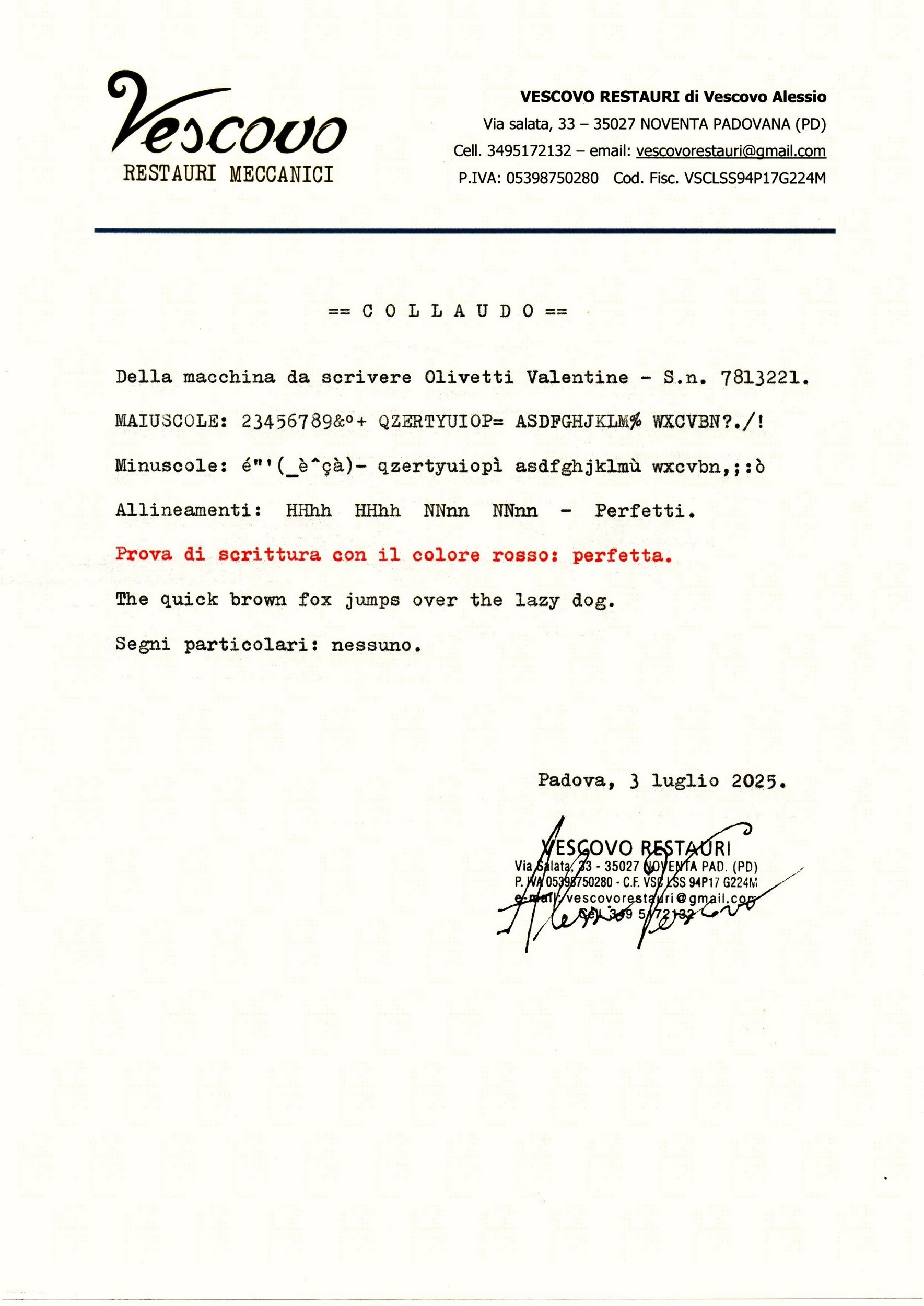 Certificato di collaudo della Olivetti Valentine