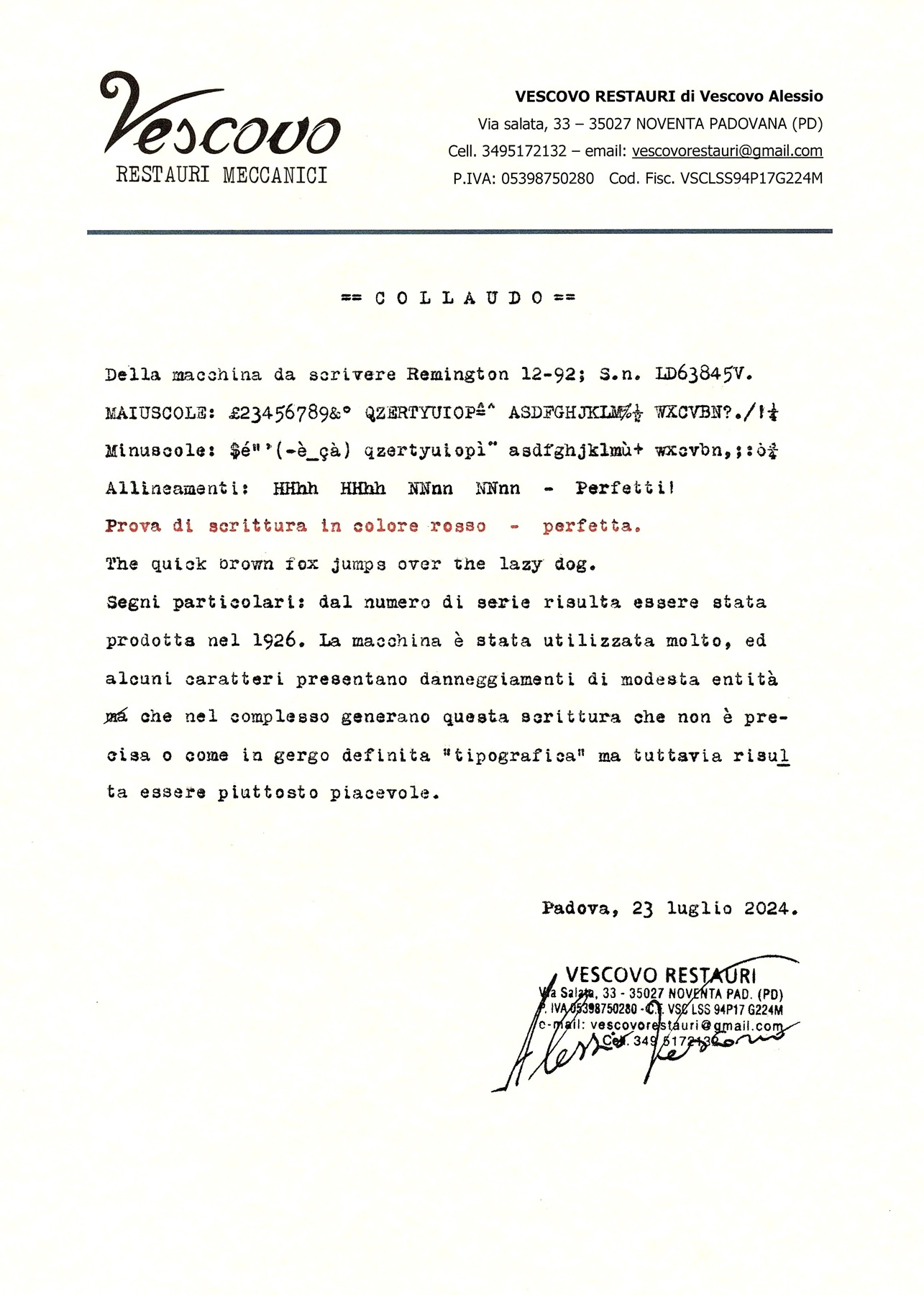 Certificato di collaudo della Remington Standard No. 12