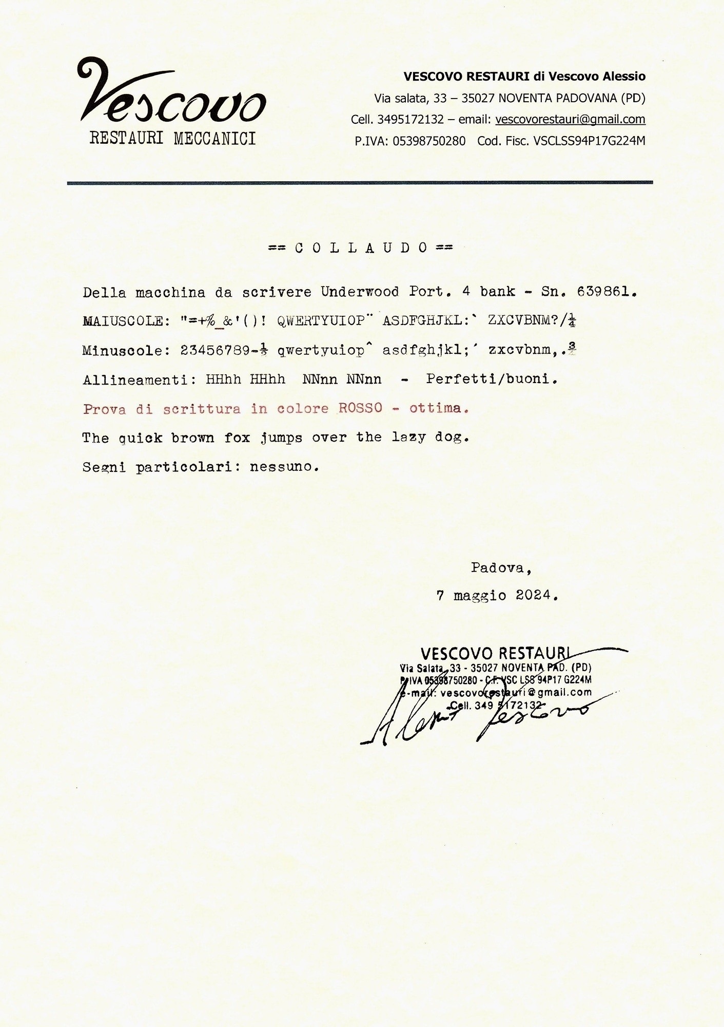 Certificato di collaudo della Underwood Portable 4B